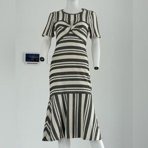 NWT BCBG MaxAzria Gray & White Striped Twist Front  Midi dress Size  S